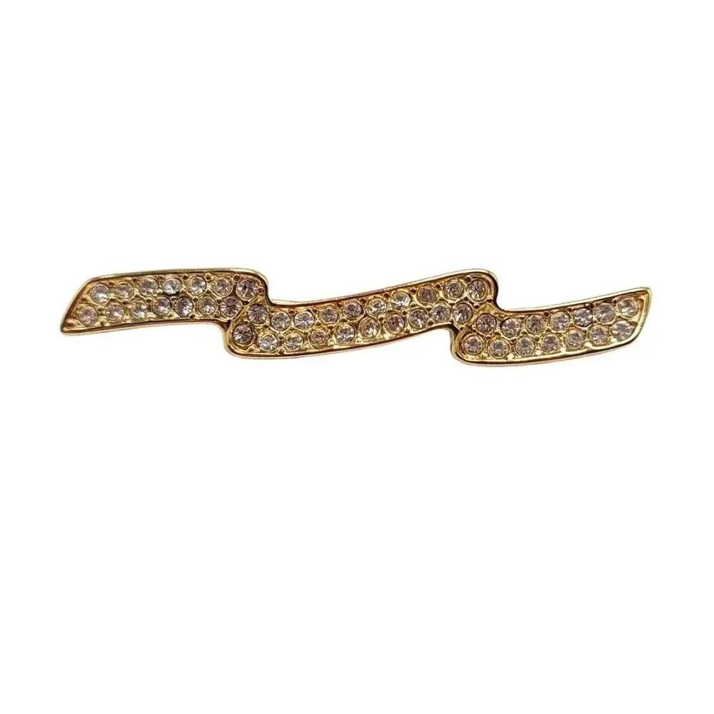 Monet Clear Rhinestone Gold Tone Ribbon Brooch Vintage